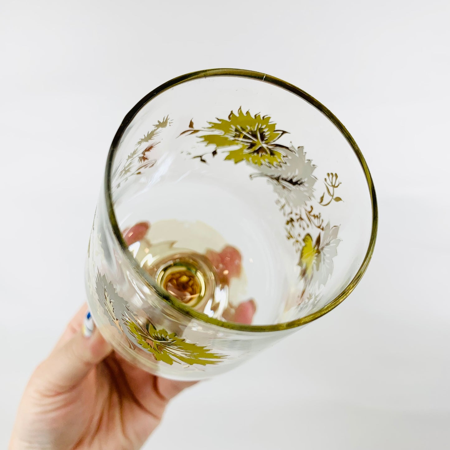 Midcentury hand painted wine glasses with gold gilding