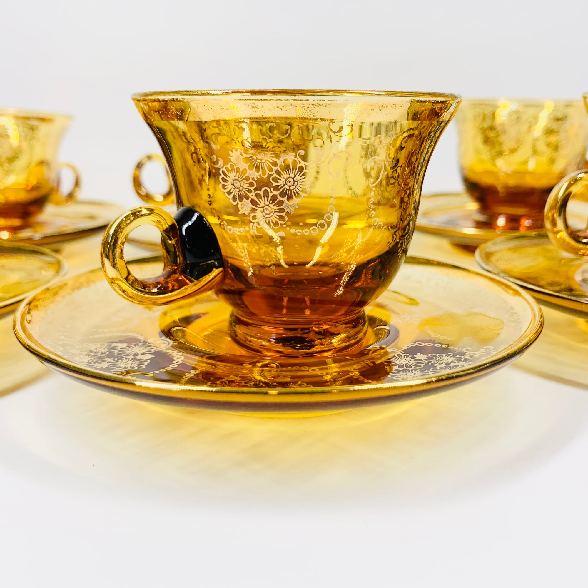 Antique Bohemian amber glass tea set with gold gilding