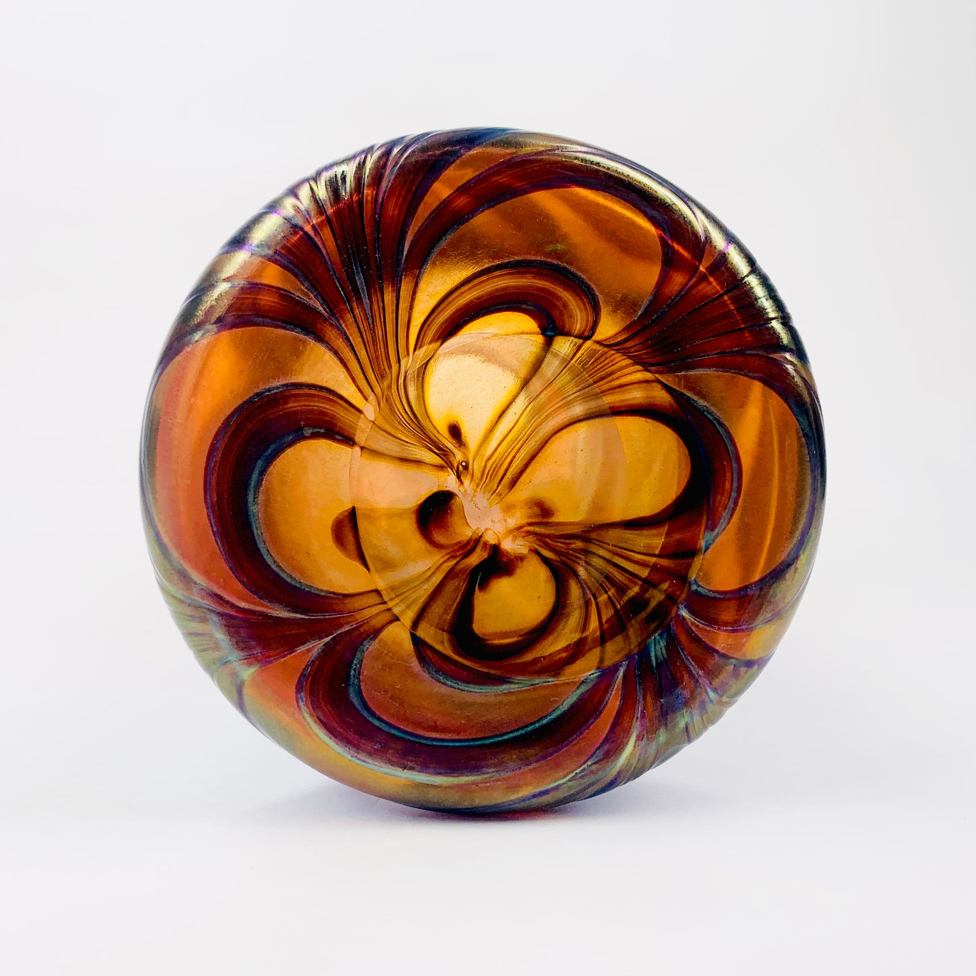Mouth blown peacock orange and blue iridescent Art Nouveau style glass vase
