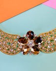 1980s Coro triple plated gold statement necklace with daisy crystals pendant and rhinestones