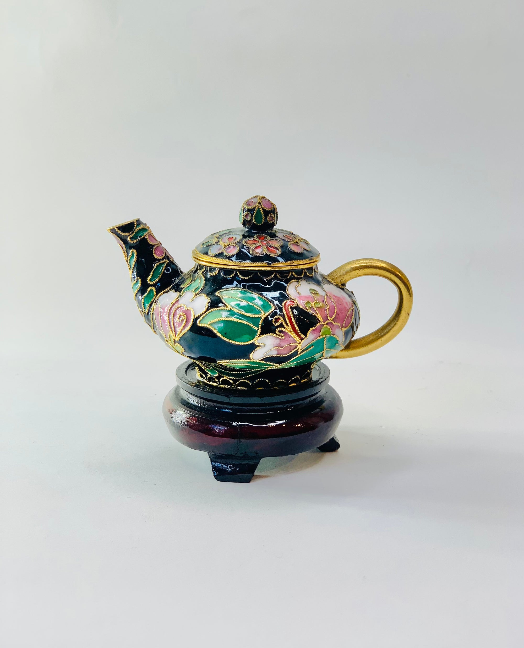 Antique mini cloisonné teapot with wooden stand