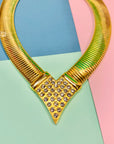 Extremely rare 1960s mesh gold plated statement necklace with rhinestones chevron pendant