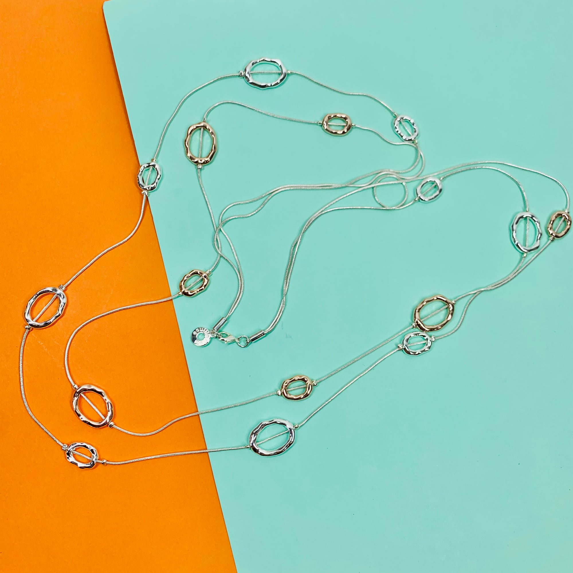 Vintage two tone silver plated double strands string necklace with circular loops