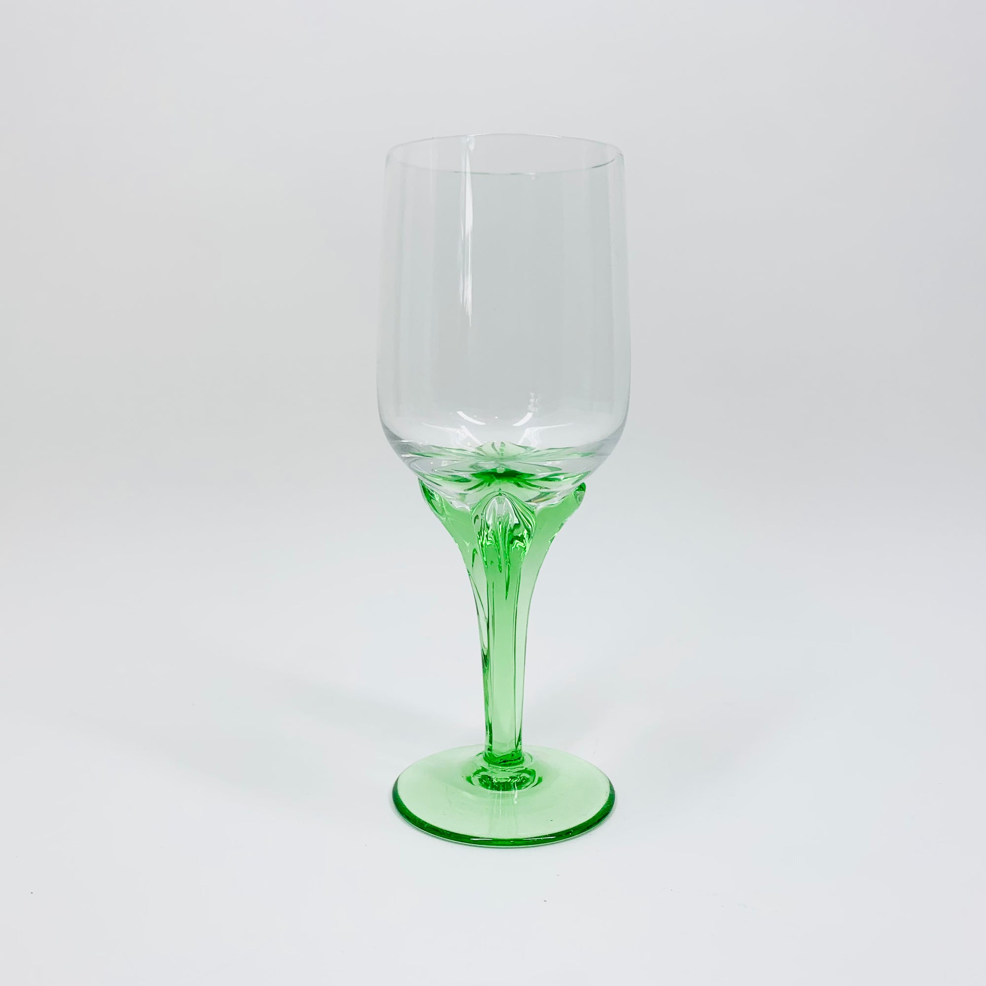 Midcentury twist green stem liqueur glasses