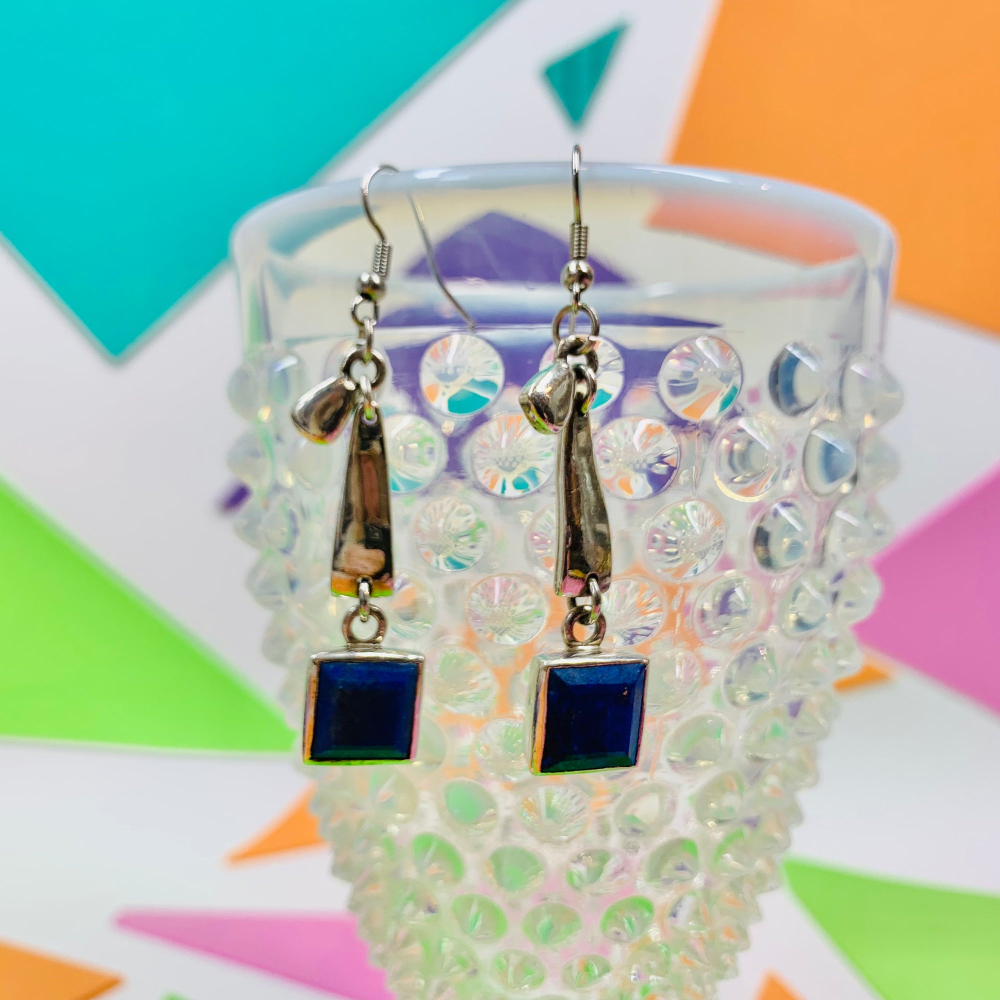 Midcentury sterling silver lapis drop earrings