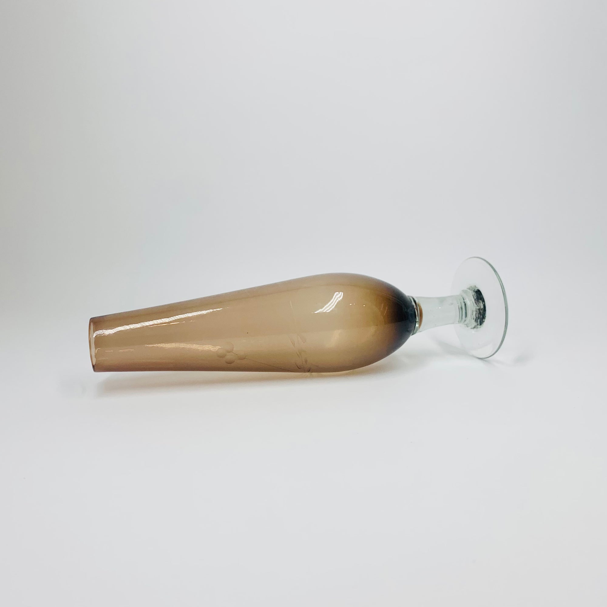 1940s hand etched brown glass posy vase with clear stem