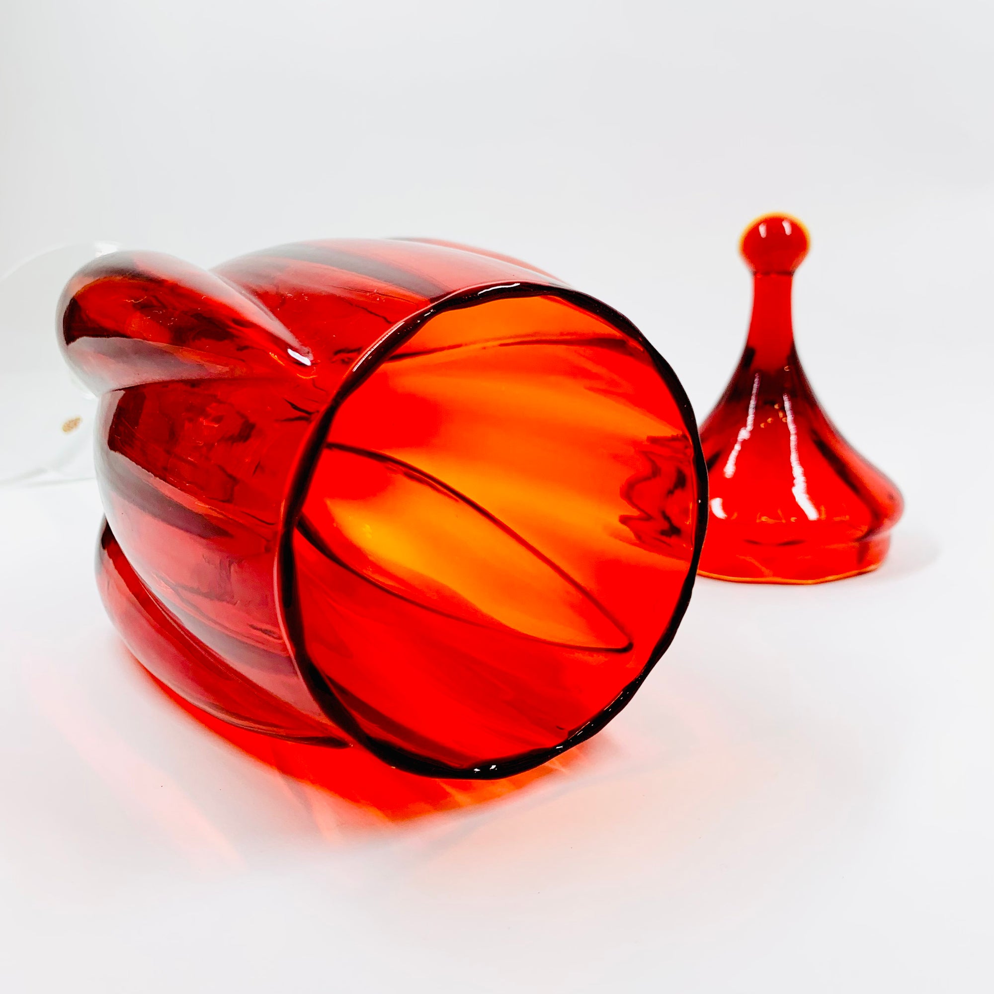 Extremely rare tall Midcentury Italian red glass footed canister/candy jar