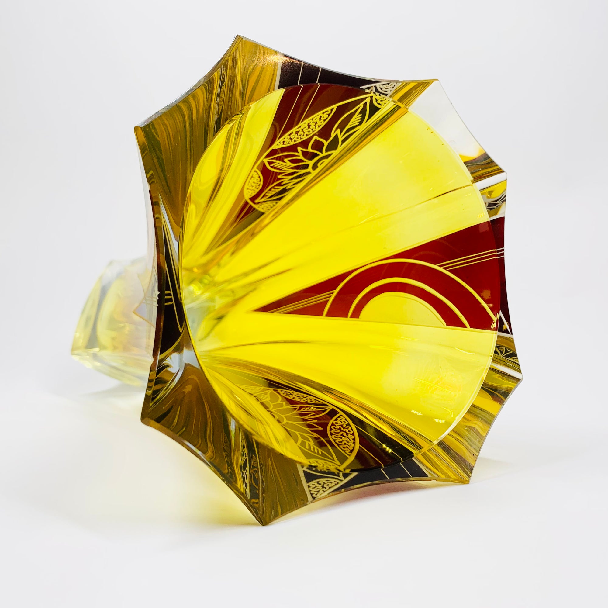 Extremely rare antique Art Deco footed spiral citrine and ruby enamel vase by Karl Palda