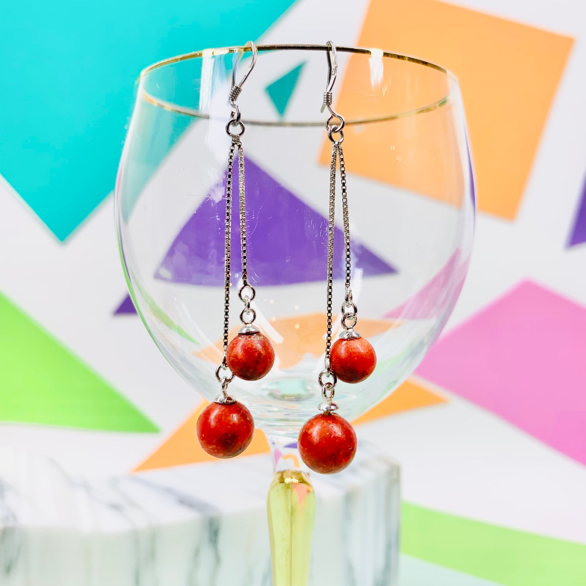 Vintage sterling silver drop earrings with red wood beads