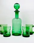 Rare Midcentury Italian green decanter glass set with detachable leather sleeves