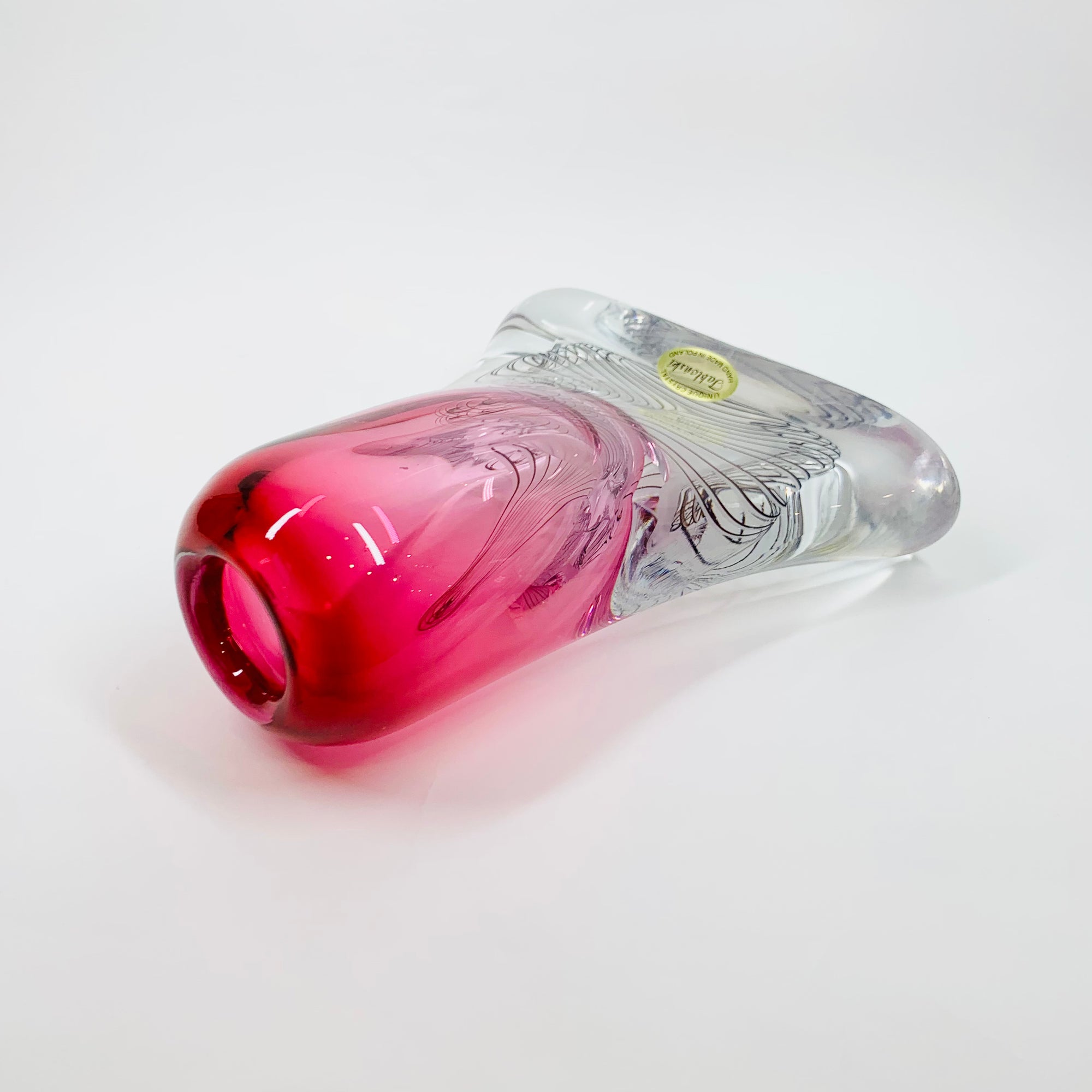 Vintage hand made signed Jablonski sommerso pink art glass vase