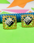 1960s brass filigree black & white enamel clip on earrings