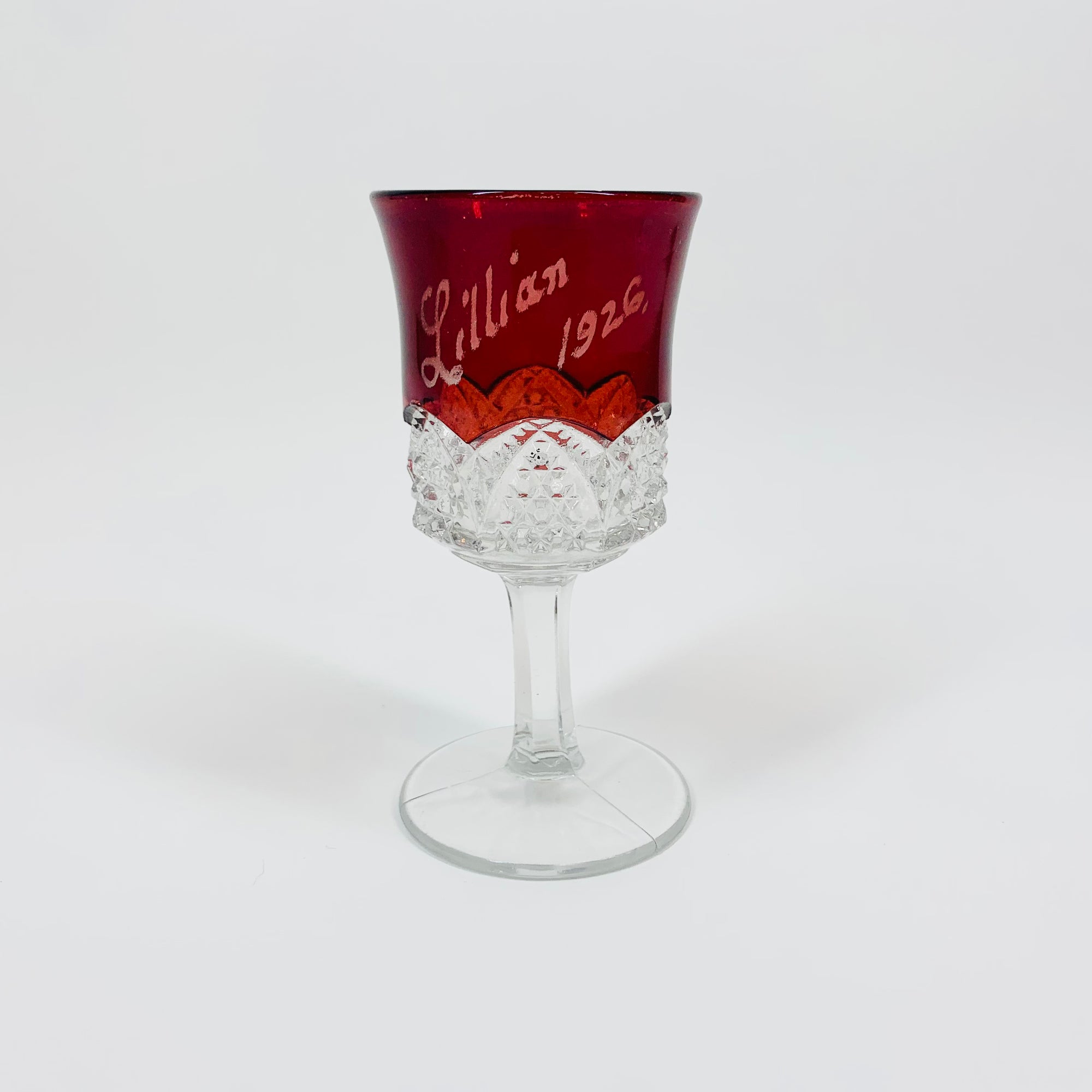 Antique ruby flashed glass with engraving