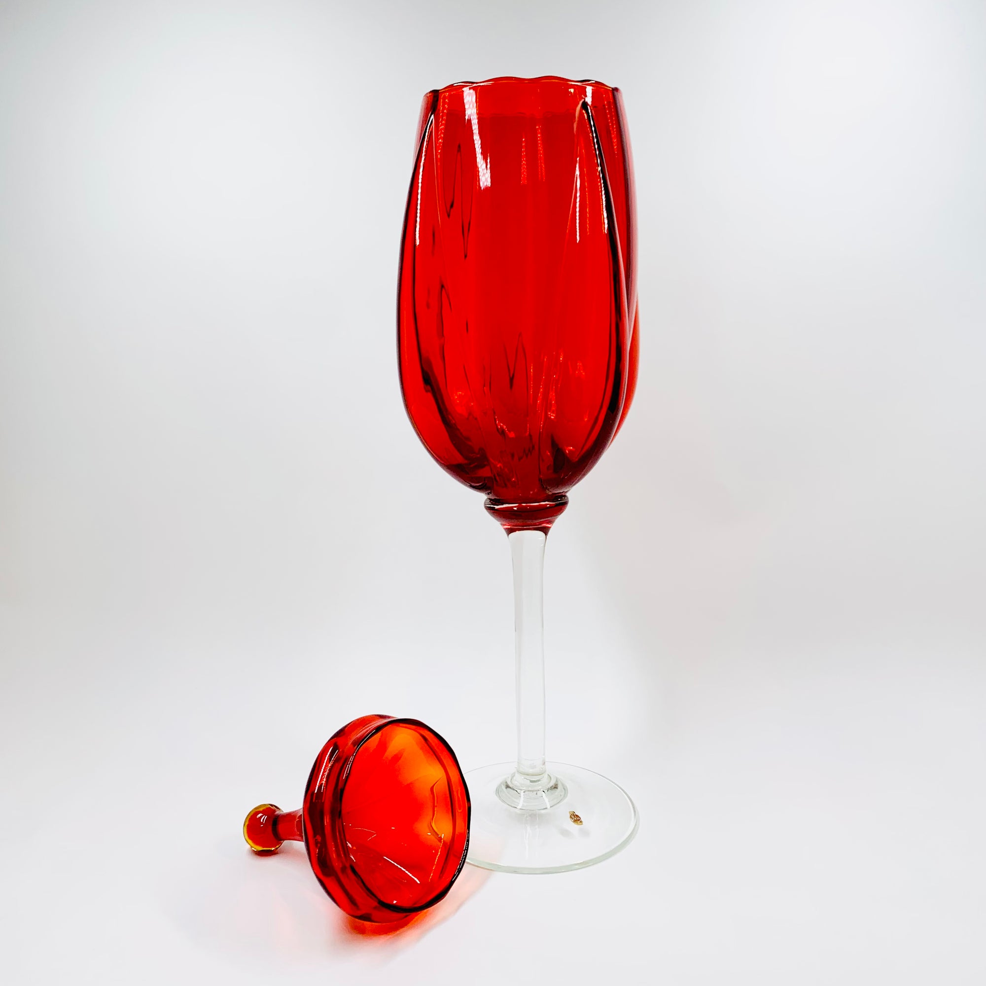 Extremely rare tall Midcentury Italian red glass footed canister/candy jar