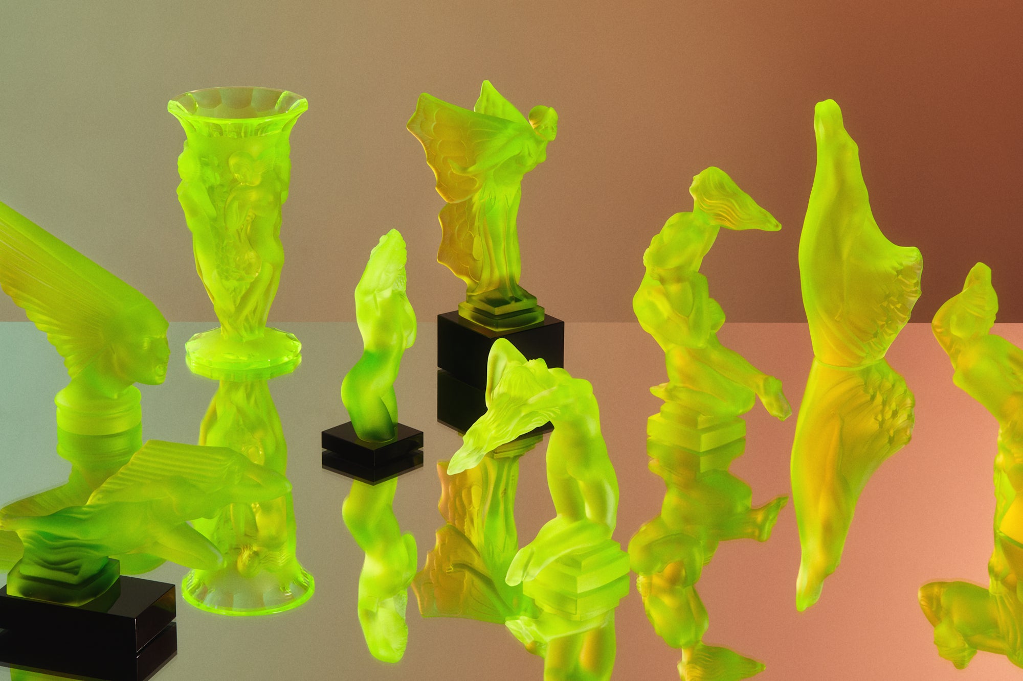 Art Deco reproduction of Lalique car mascot in uranium glass