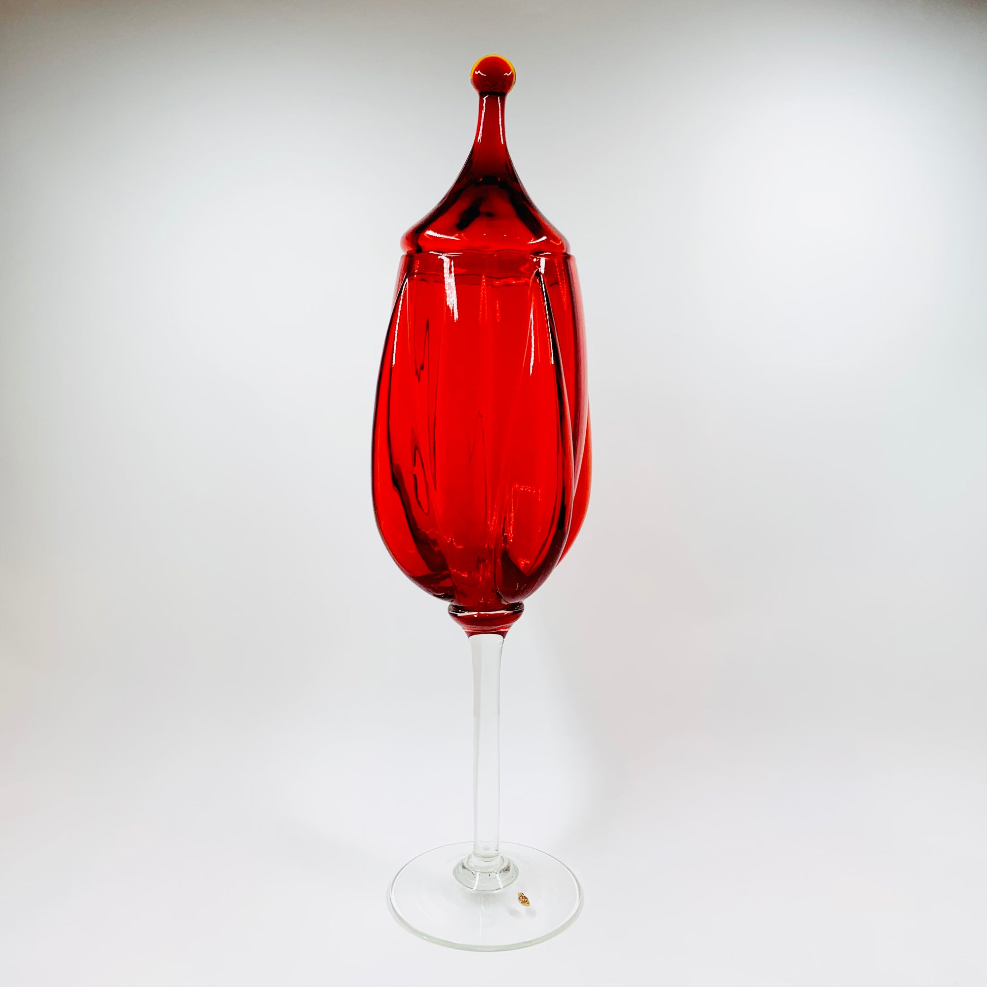 Extremely rare tall Midcentury Italian red glass footed canister/candy jar