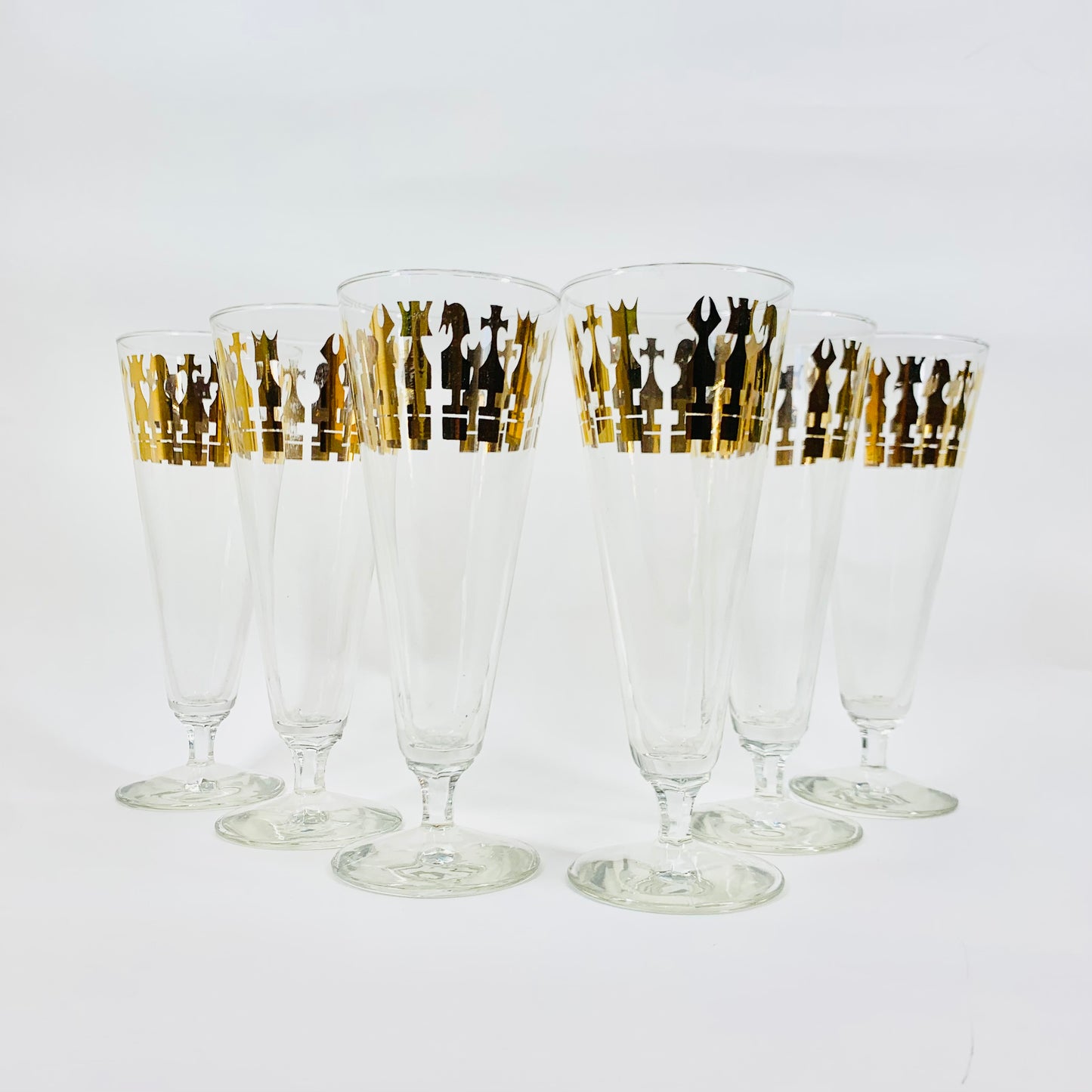 Extremely rare 1940s gold gilding clear glass champagne flutes with chess pattern