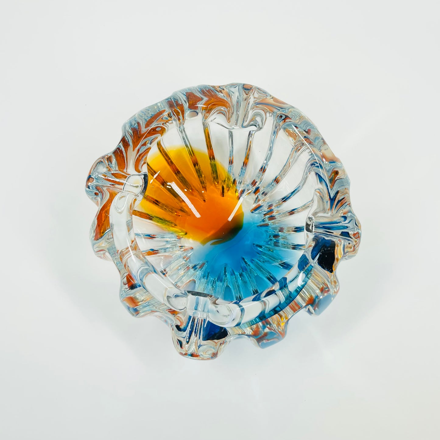 1970s JAPANESE HINERI ORANGE BLUE SOMMERSO GLASS ASHTRAY