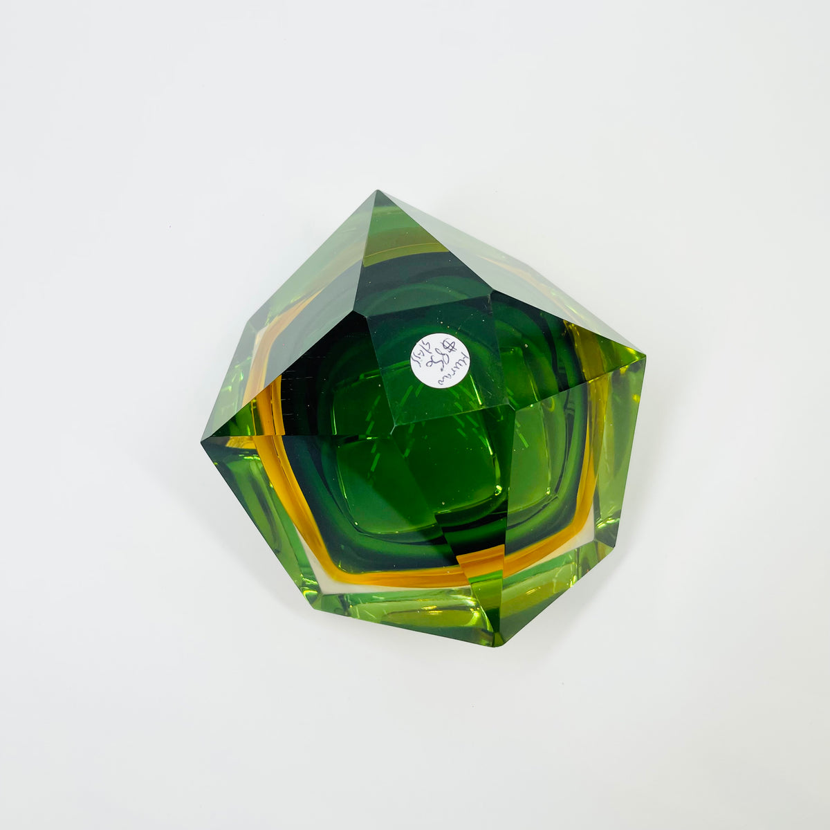 1940s GREEN GOLD AMBER MURANO MANDRUZZATO SOMMERSO FACETED GLASS BOWL/ASHTRAY