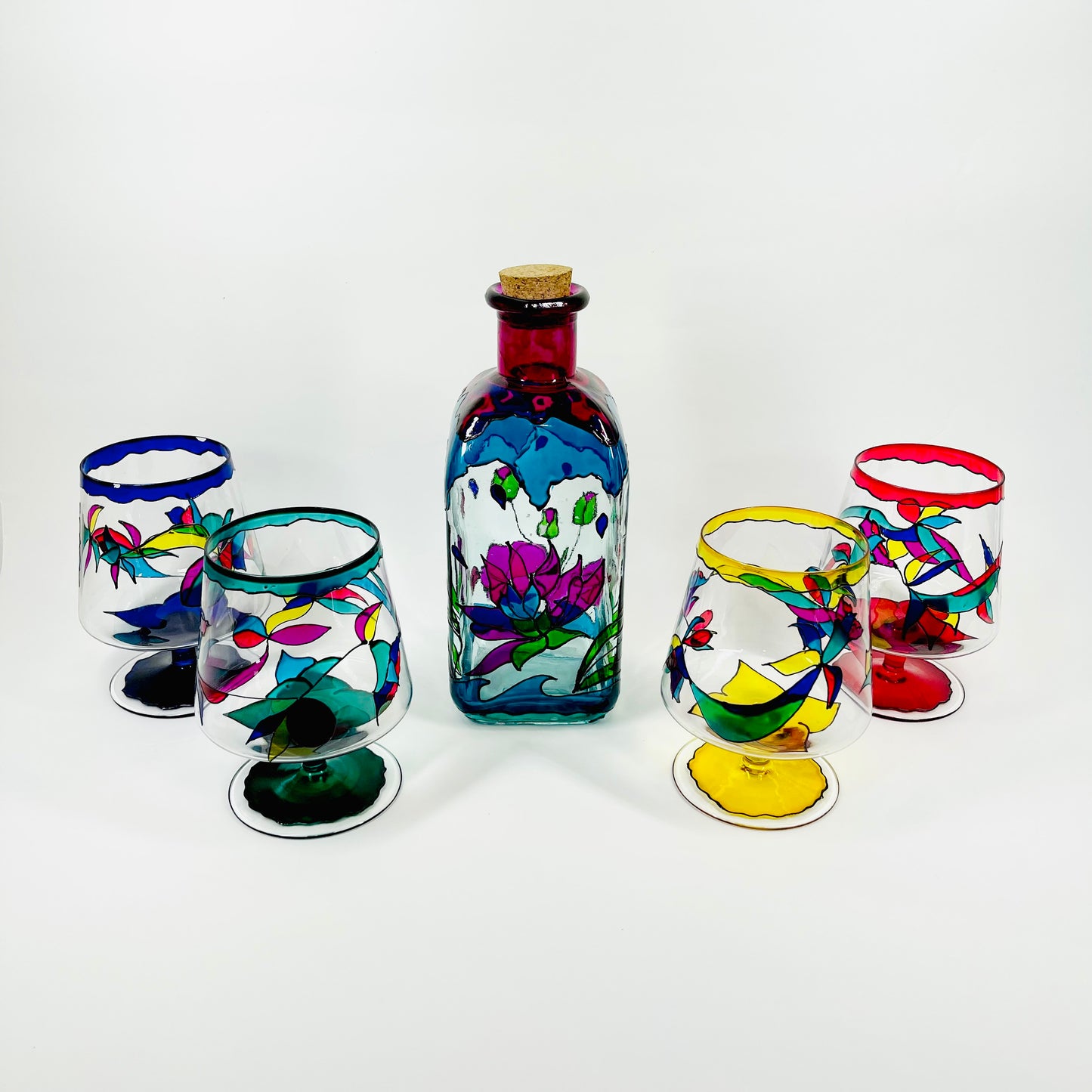 1970s ITALIAN LEAD STAINED HARLEQUIN GLASS DECANTER SET