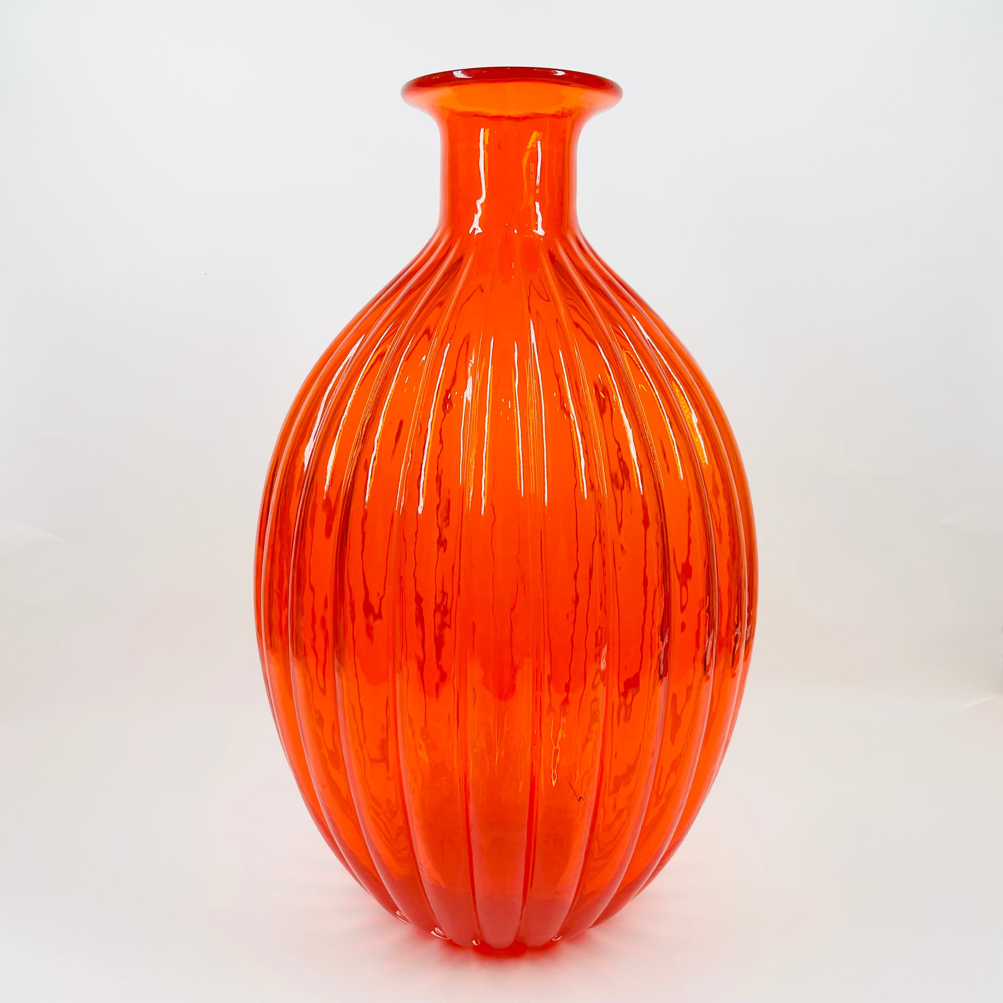 1970s ITALIAN EMPOLI ORANGE RIBBED GLASS OBLONG BOTTLE VASE
