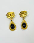 1996 CHANEL GRIPOIX BLACK GLASS FILIGREE DROP CLIP ON EARRINGS