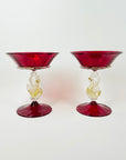 1950s SALVIATI VENETIAN RED RUBY GOLD AVENTURINE SWAN STEM GLASSES