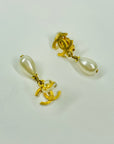 1996 CHANEL CC LOGO DROP PEARL CLIP ON EARRINGS