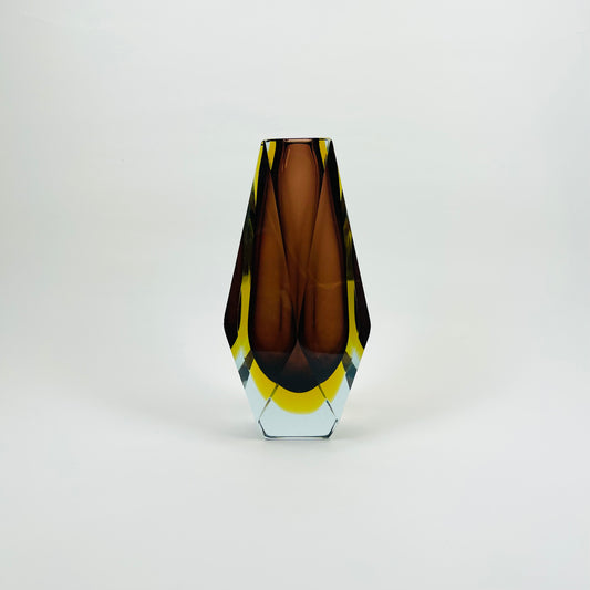 1950s TRI-COLOUR BROWN SOMMERSO FACETED GLASS MANDRUZZATO VASE