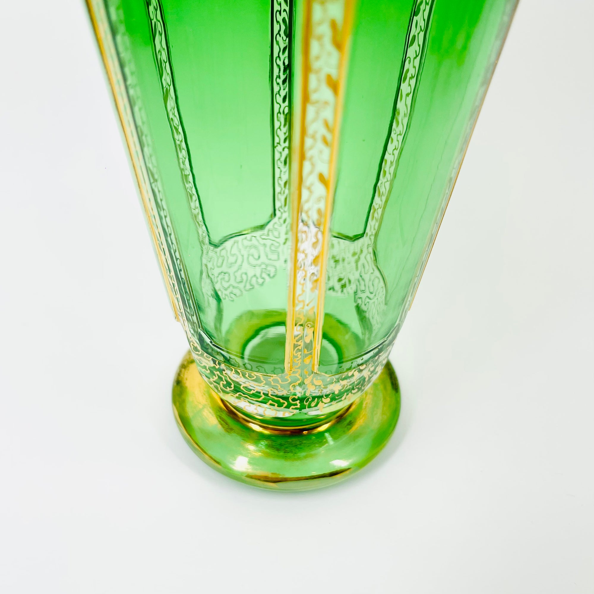 ANTIQUE ART DECO HAND CUT GOLD GILDED GREEN CRYSTAL DECANTER SET