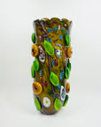 LARGE 1980s MURANO CASED WHITE GREEN MURRINE FLORAL APPLIQUE VASE