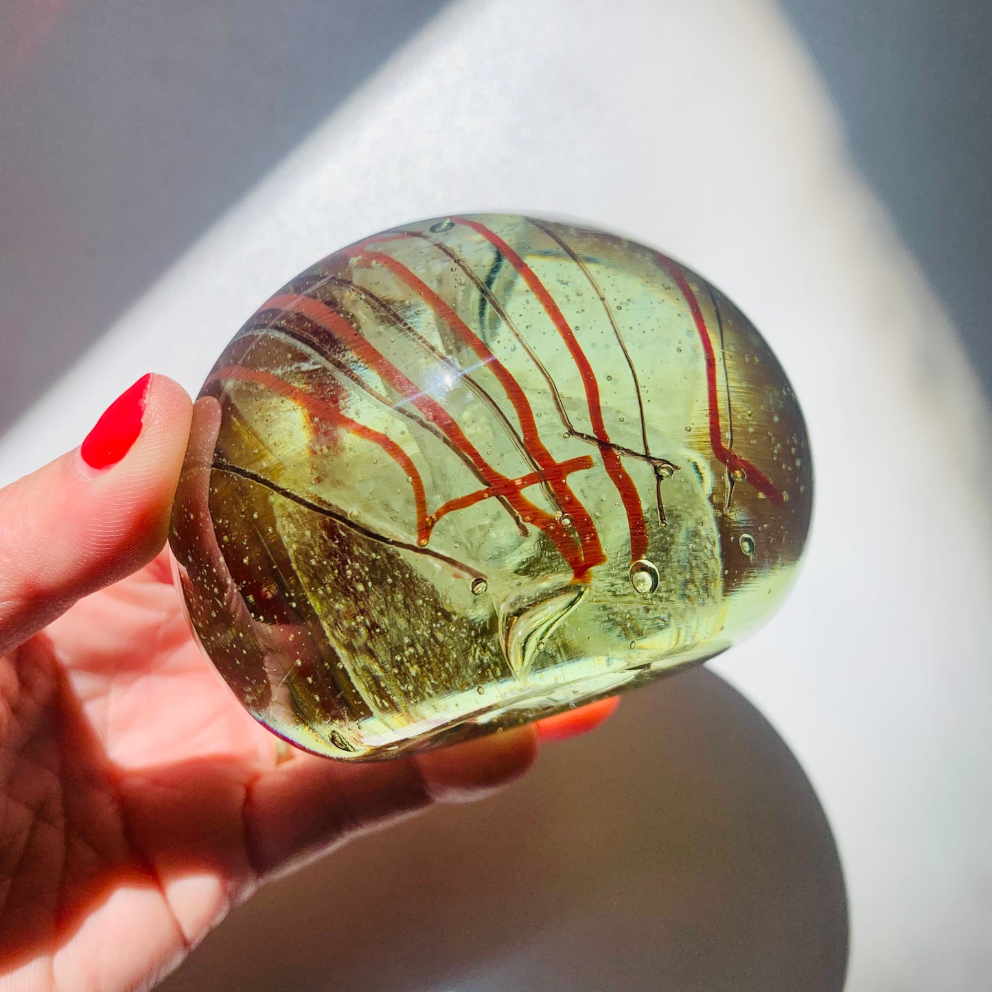 1980s ORANGE ABSTRACT LINES ART GLASS PAPERWEIGHT