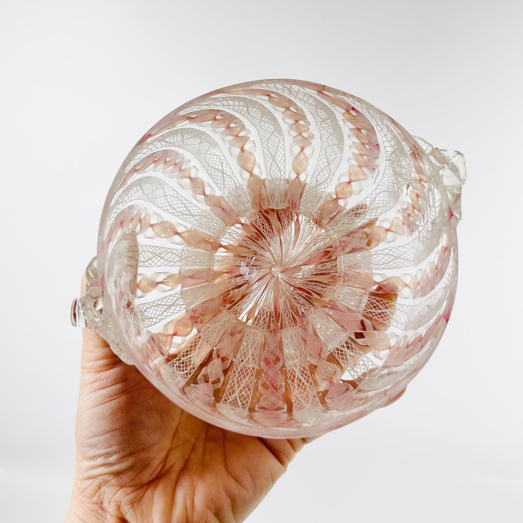 ANTIQUE PINK ZANFIRICO &amp; LATTICINO GLASS PINCHED BOWL &amp; MATCHING PLATE