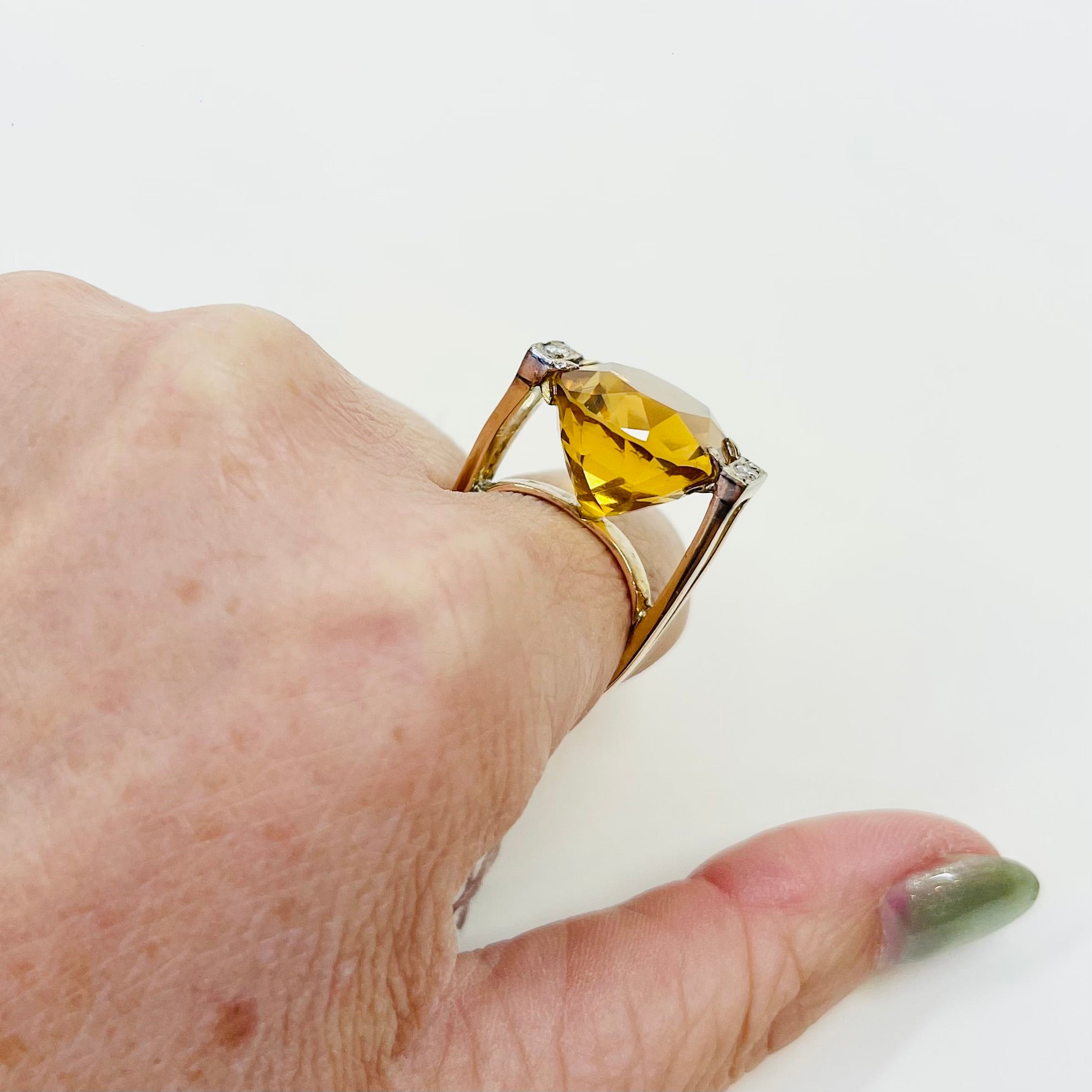 1950s 14K YELLOW GOLD STATEMENT CITRINE COCKTAIL RING WITH DIAMONDS