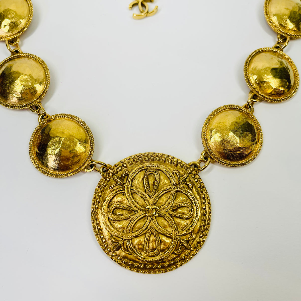 1980s CHANEL ESTRUCAN STYLE LOGO MEDALLION NECKLACE