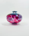 1980s AUSTRALIAN MOUTH BLOWN PINK PURPLE SPATTER ART GLASS SQUAT VASE BY STEPHEN MORRIS