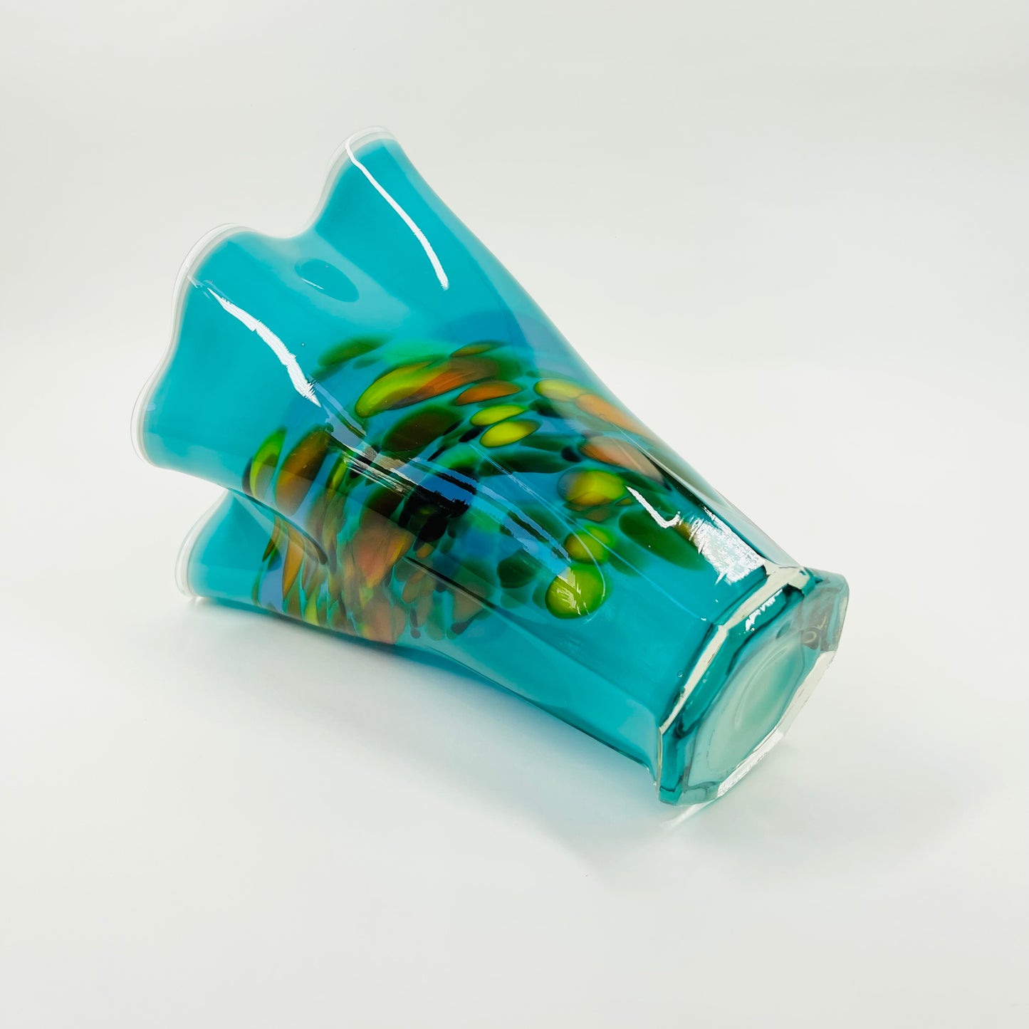 70s JAPANESE CASED TURQUOISE SPATTER GLASS HANDKERCHIEF VASE