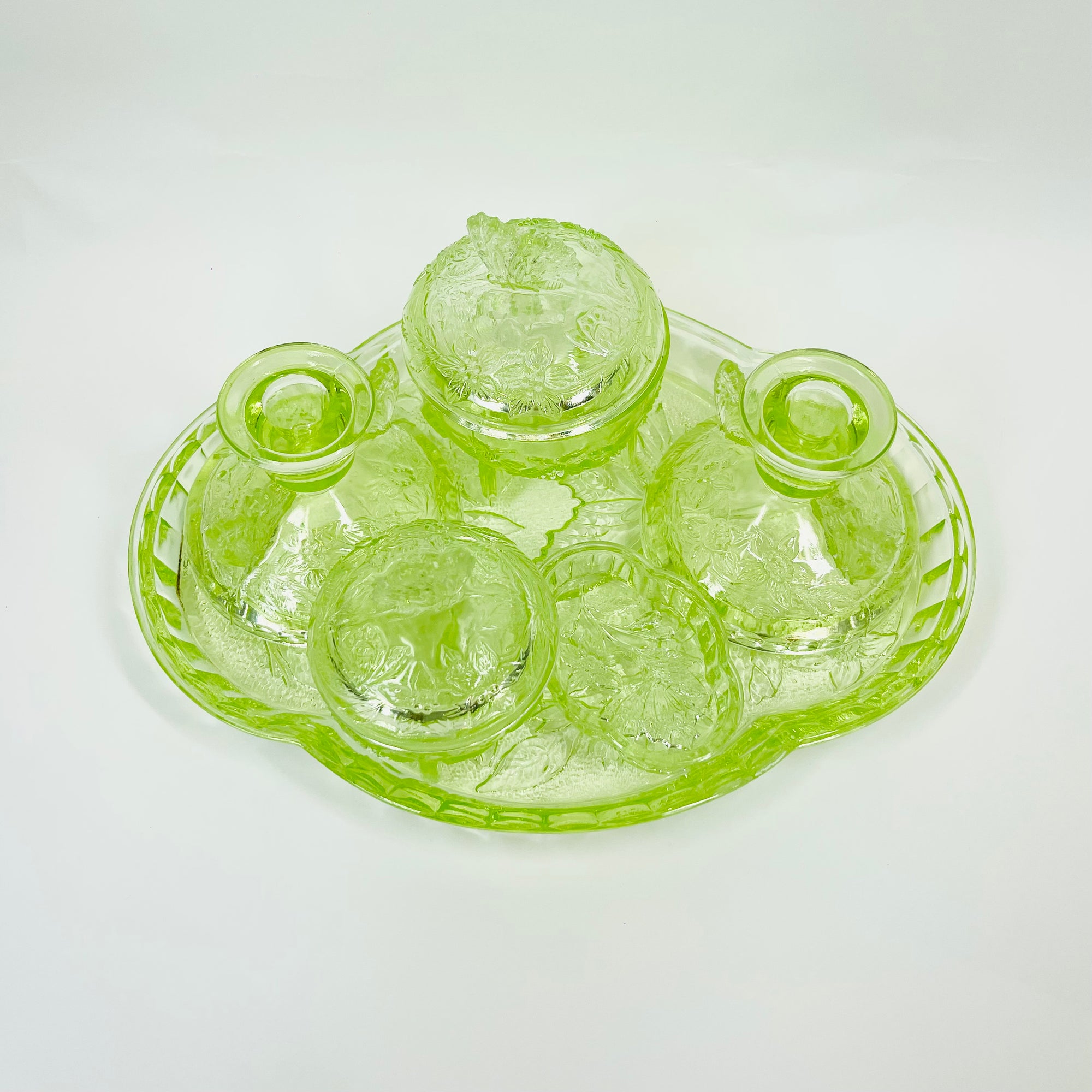 ANTIQUE ART DECO URANIUM GLASS VANITY SET