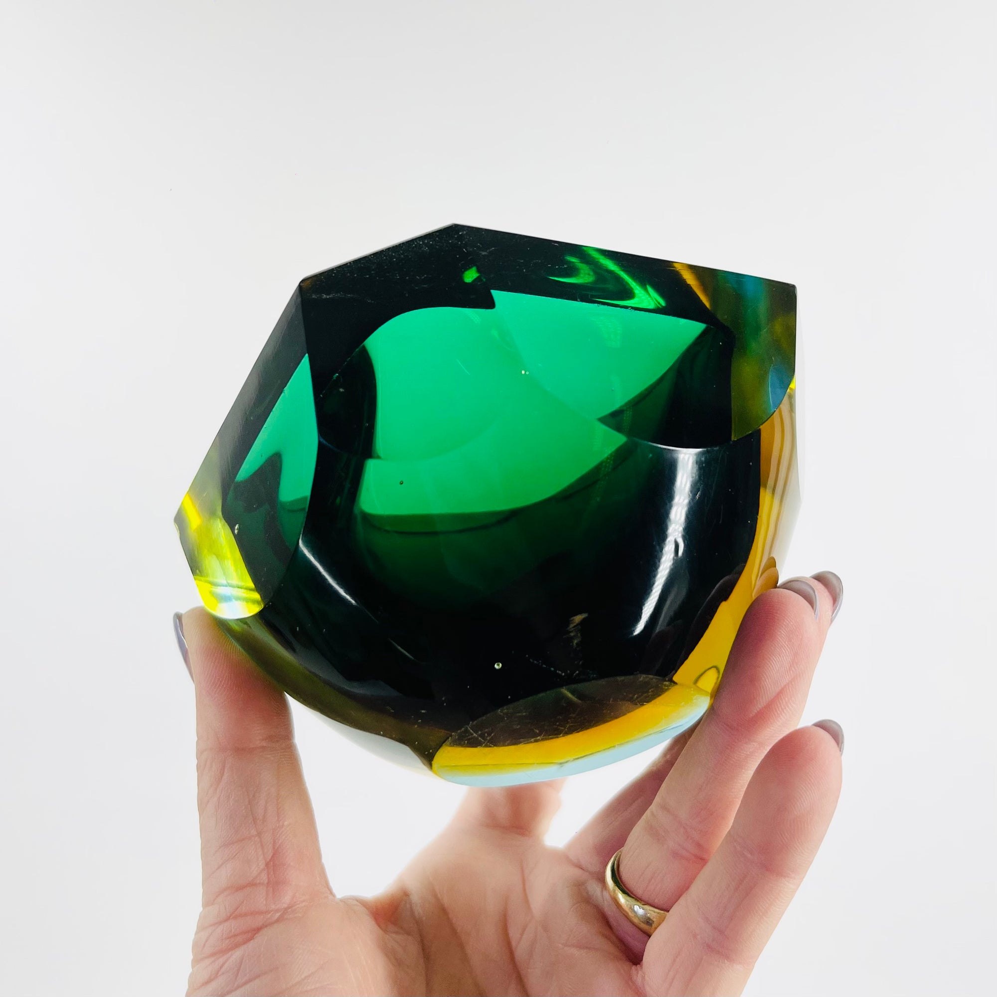 1950s FACETED MURANO GREEN BLUE GOLD GEODE BOWL