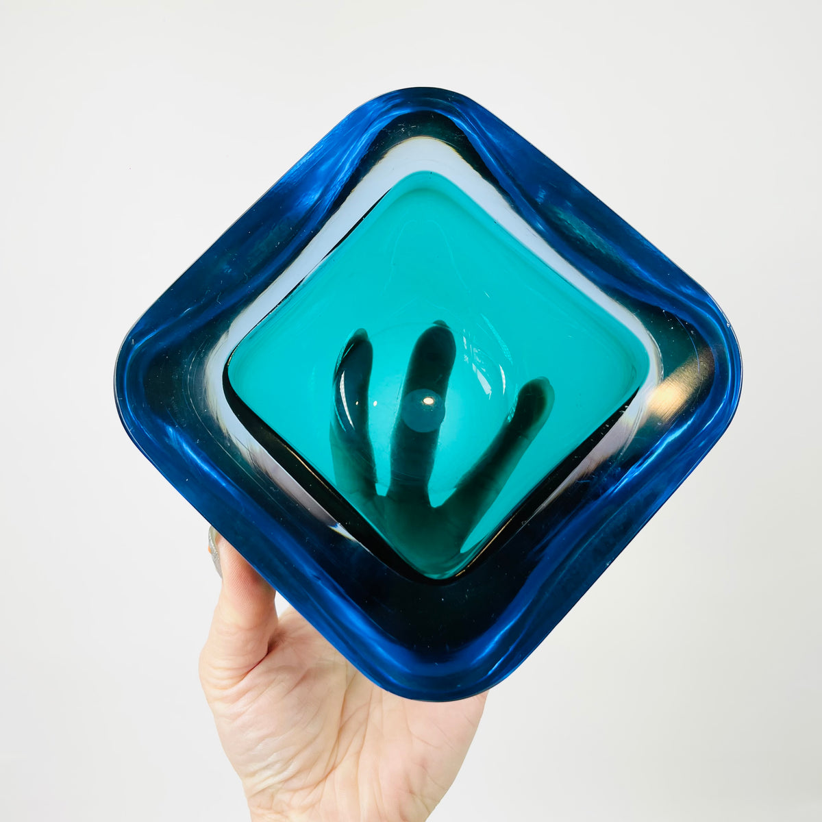 1960s BLUE AQUAMARINE SOMMERSO SQUARE GLASS BOWL/ASHTRAY