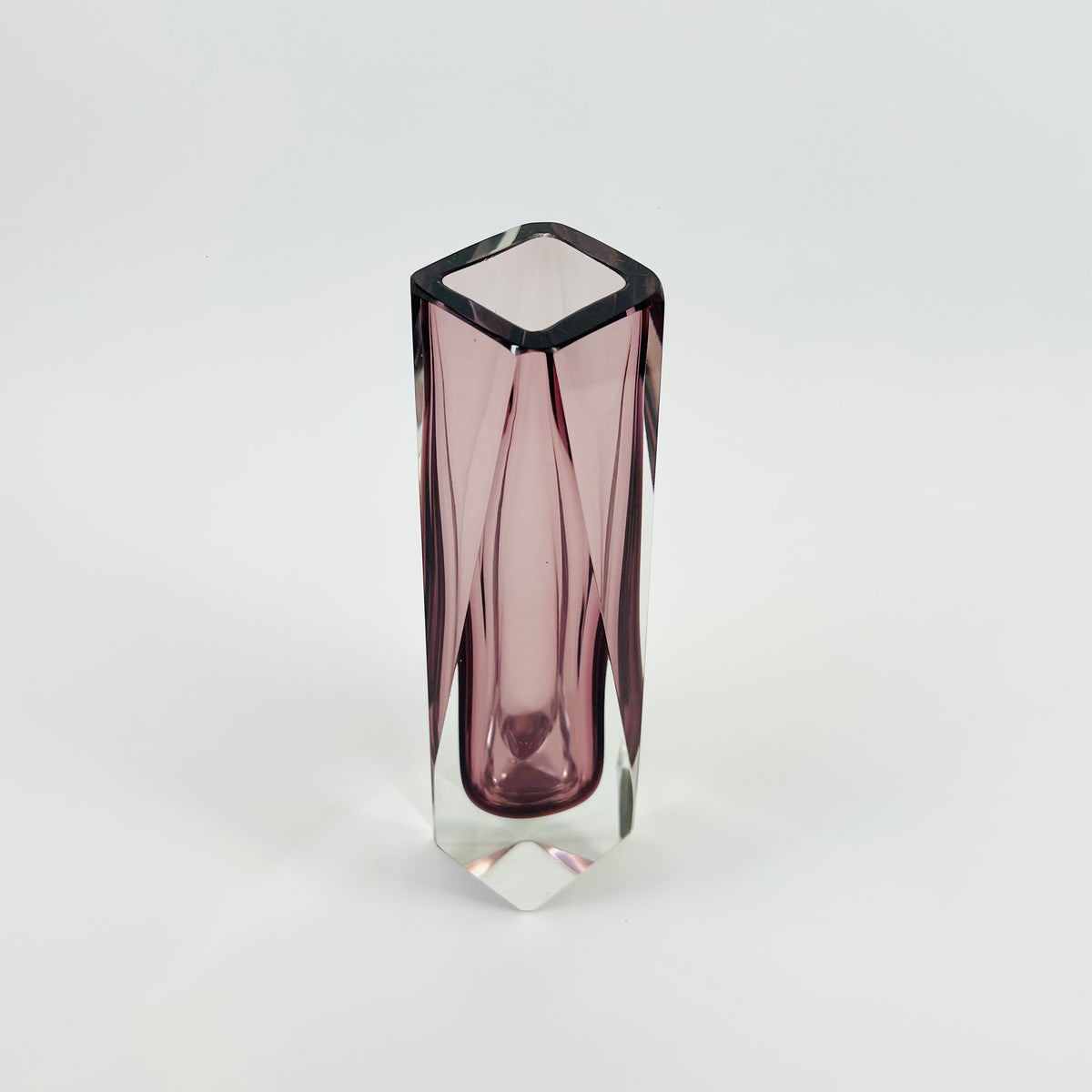 1960s PINK AMETHYST MURANO SOMMERSO FACETED GLASS BLOCK VASE