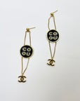 1994 CHANEL COCO BLACK ENAMEL DROP PIERCED EARRINGS