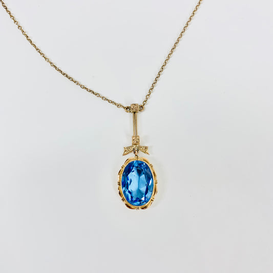 ANTIQUE 9K EDWARDIAN BLUE GLASS DROP PENDANT NECKLACE