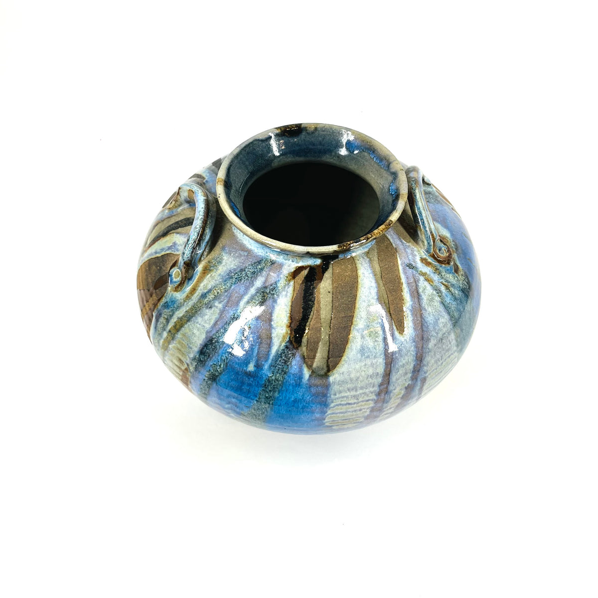 1980s AUSTRALIAN BLUE BROWN GLAZED POTTERY AMPHORA VASE