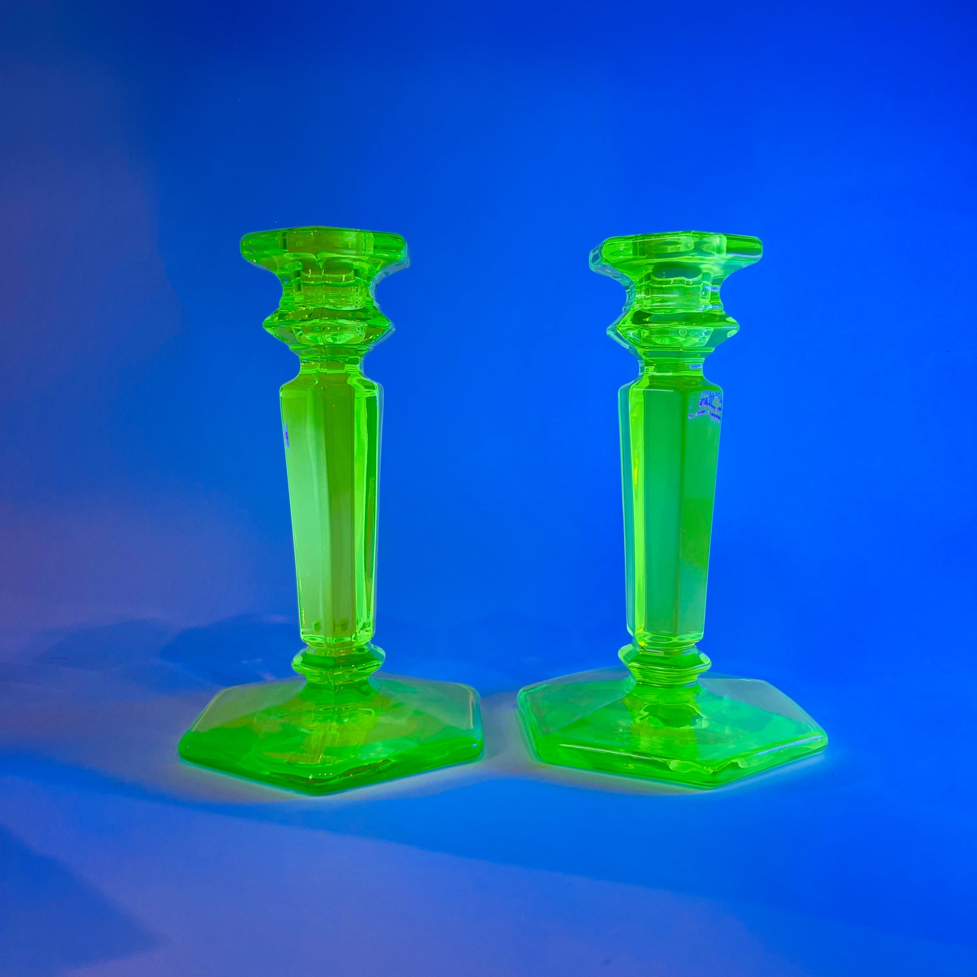 ART DECO URANIUM GLASS CANDLE STICKS