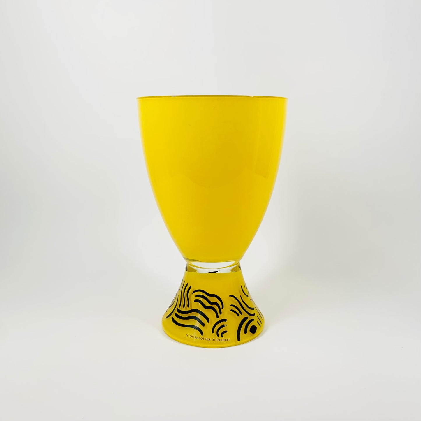 1980s MEMPHIS MILANO HAND PAINTED YELLOW GLASS VASE BY NATHALIE DU PASQUIER