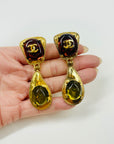 1997 CHANEL GRIPOIX RED & YELLOW GREEN CC LOGO DROP CLIP ON EARRINGS