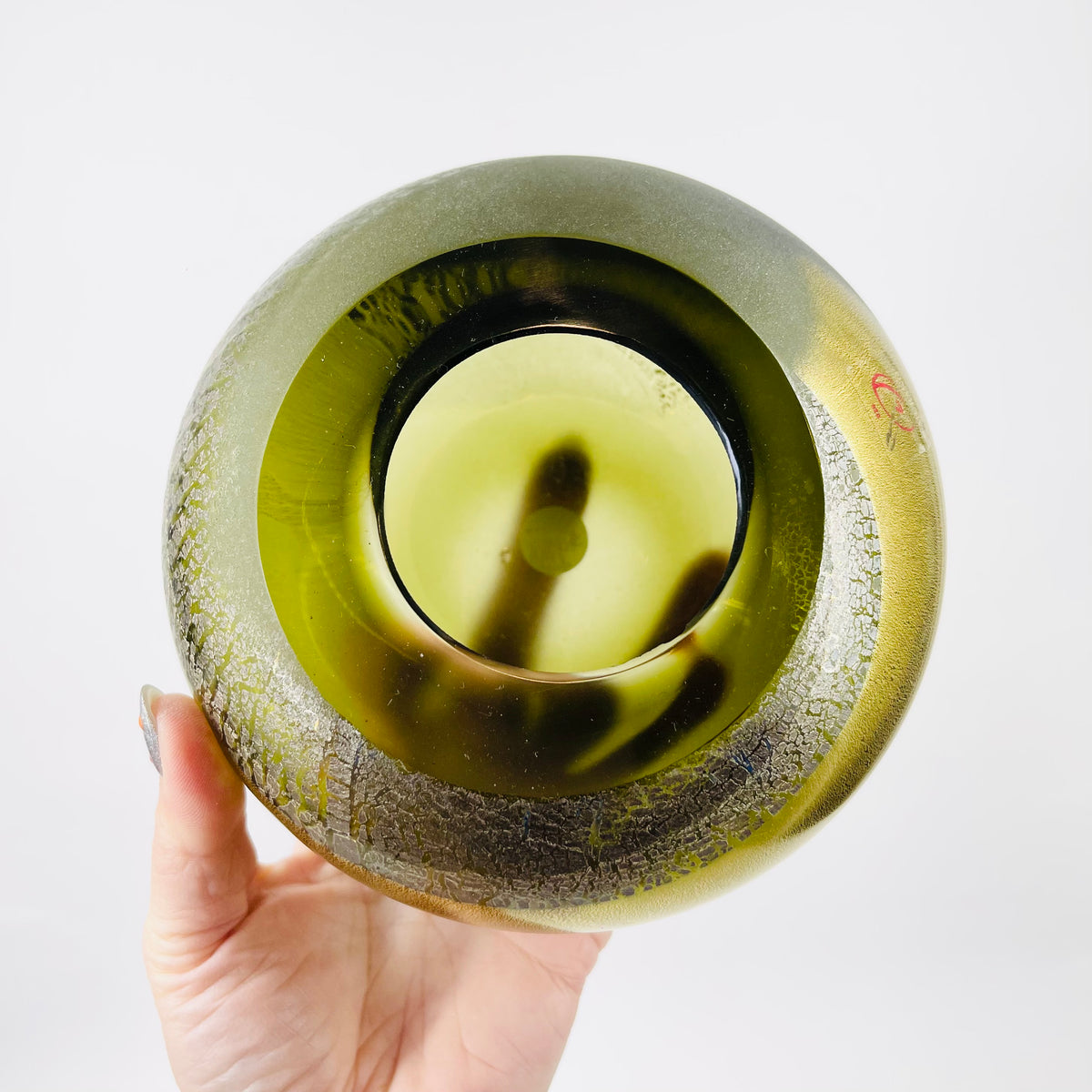 1980s MURANO GREEN SATIN GLASS SQUAT VASE WITH SILVER GOLD AVENTURINE