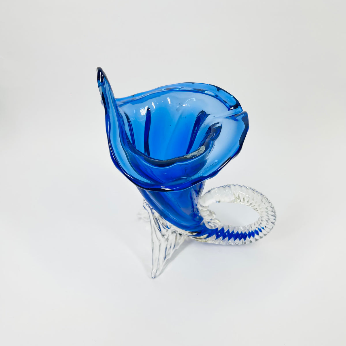 1970s MURANO COBALT BLUE SOMMERSO GLASS CORNUCOPIA VASE