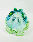 LARGE 1970s JAPANESE GREEN TURQUOISE BLUE SOMMERSO GLASS HANDKERCHIEF VASE/BOWLL